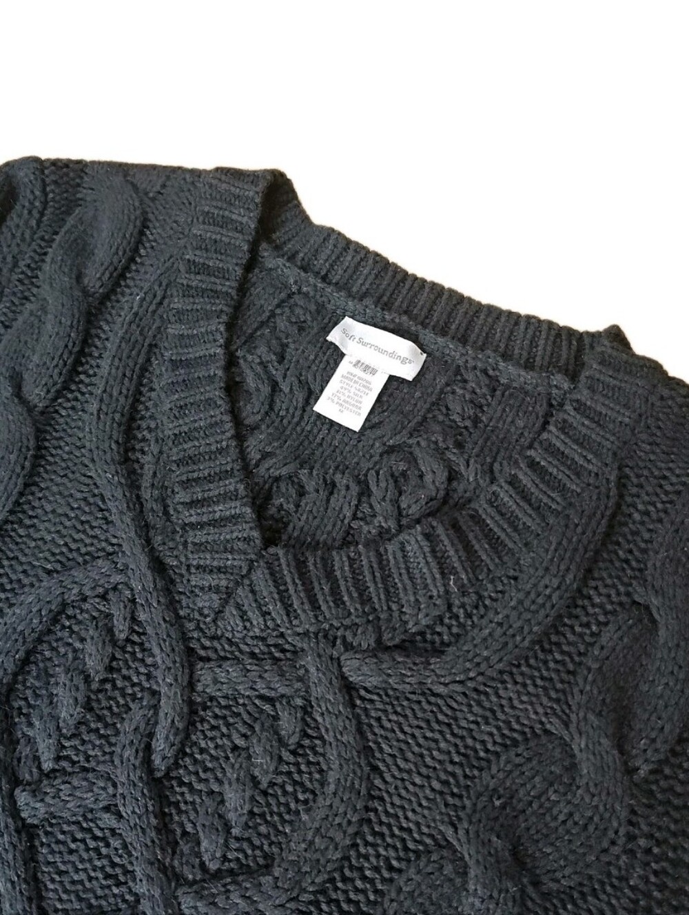 Soft Surroundings Woman 1X Aran Sweater Silk Agora Cable Knit Black V-Neck Pilly